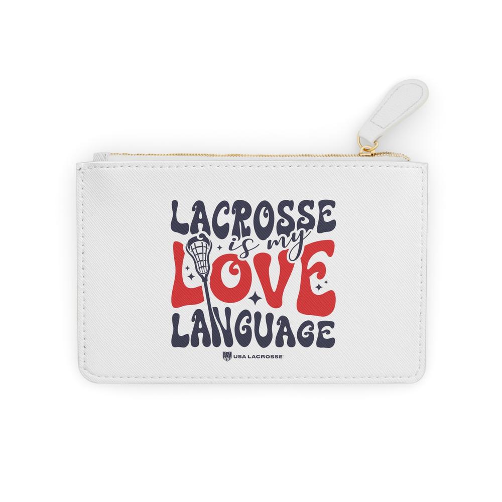White pouch with "Lacrosse is my love language" text and lacrosse stick graphic.