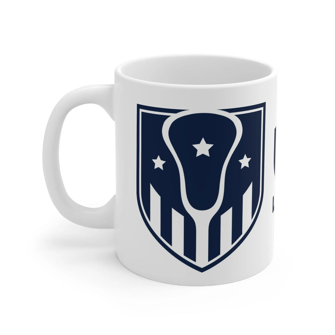 White mug with USA Lacrosse logo.