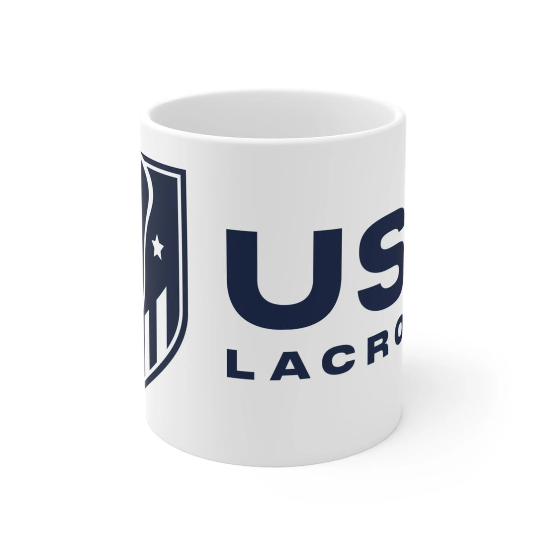 White mug with USA Lacrosse logo.