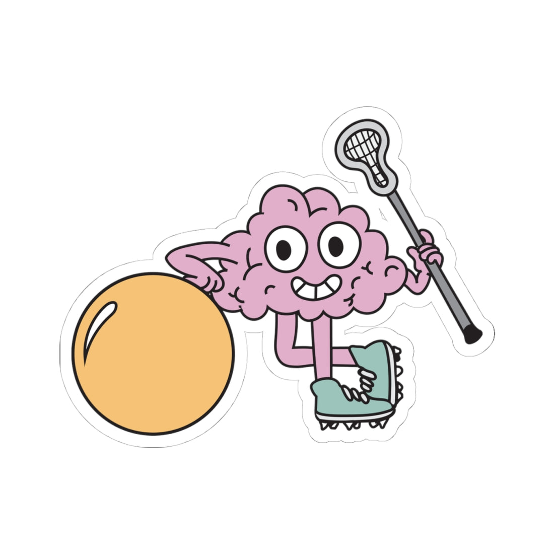 Cartoon brain with roller skates, holding a lacrosse stick and leaning on a ball.