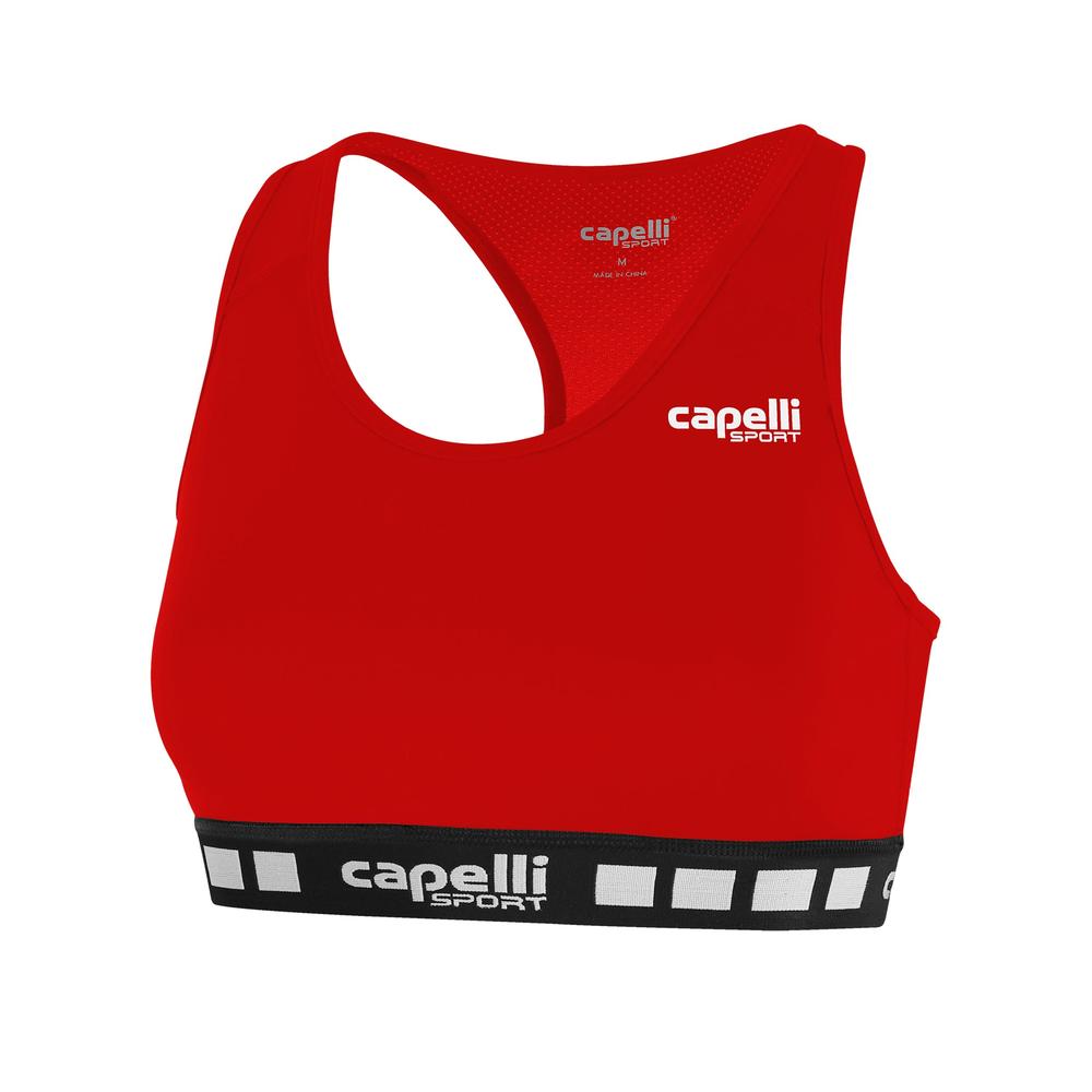 Red sports bra with Capelli Sport logo on the front.