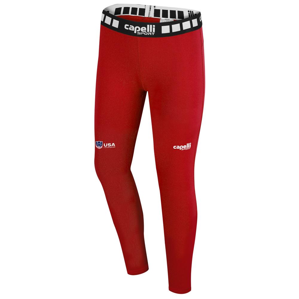 Red athletic leggings with black waistband and logos.