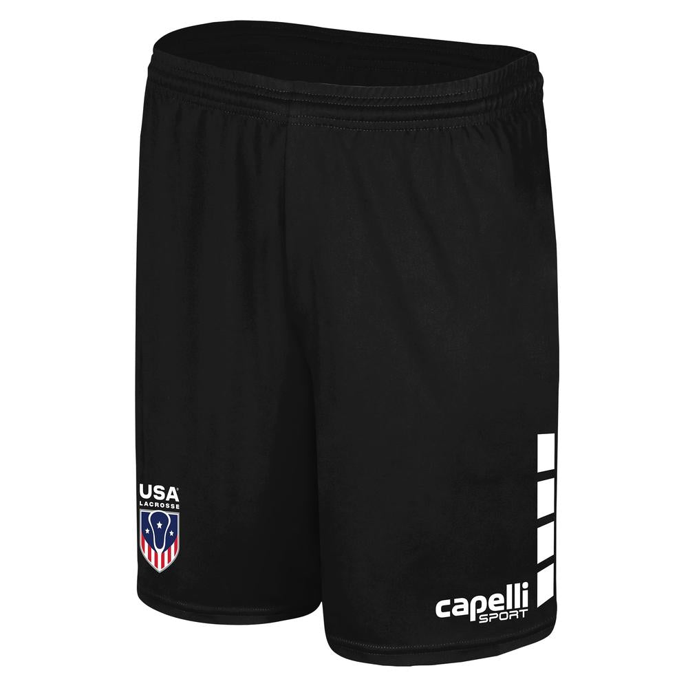 Black sports shorts with a logo and white text on the side.