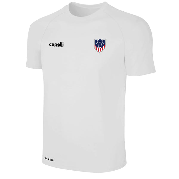 White sports jersey with a blue and red shield logo on the chest.