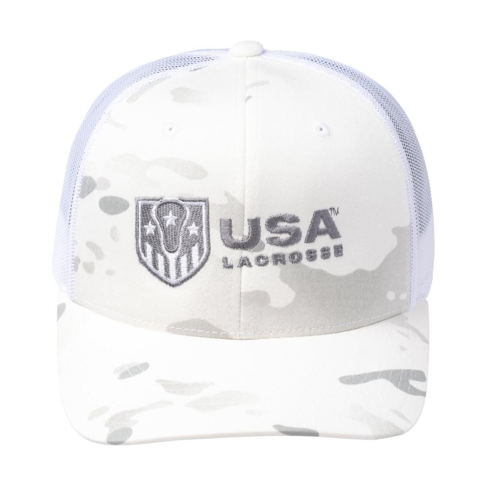 White camo cap with USA Lacrosse logo on front.