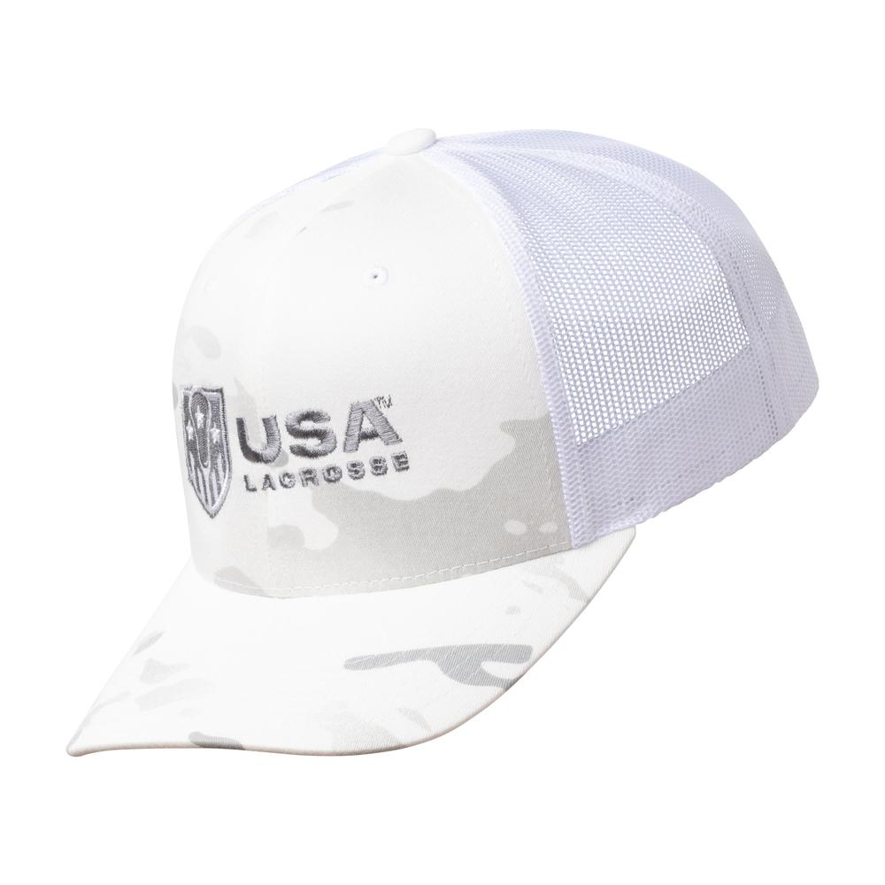 White and gray USA Lacrosse cap with mesh back.