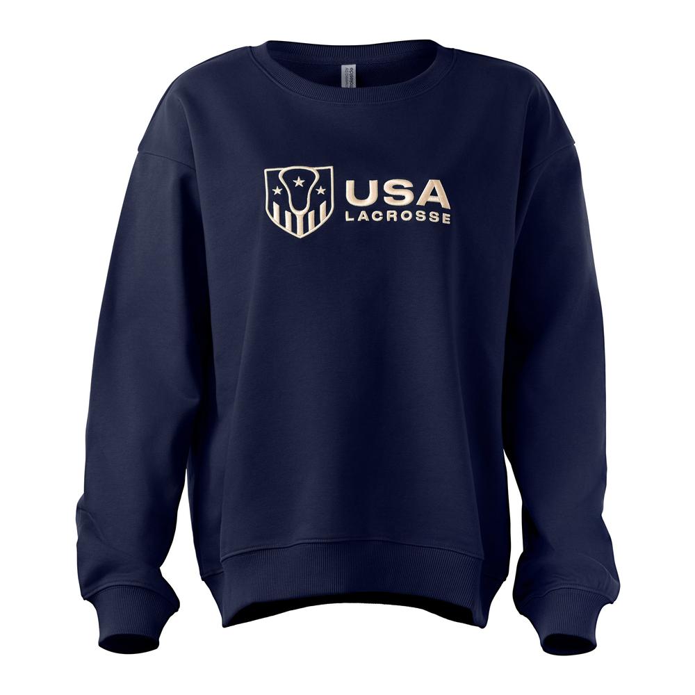 Navy sweatshirt with USA Lacrosse and logo on front.