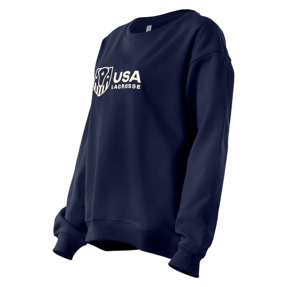 Navy sweatshirt with USA Lacrosse and logo on front.