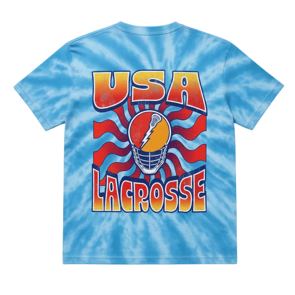 Back of a blue tie-dye tee with orange gradient USA Lacrosse lettering around a lightning-bolt lacrosse helmet