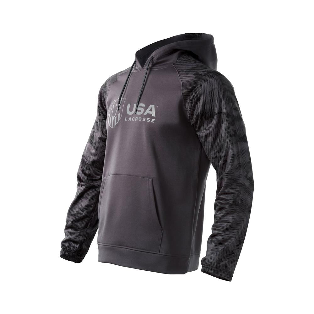 Black hoodie with USA Lacrosse logo and camo sleeves.