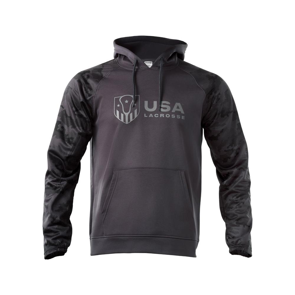 Black hoodie with USA Lacrosse logo and camo sleeves.