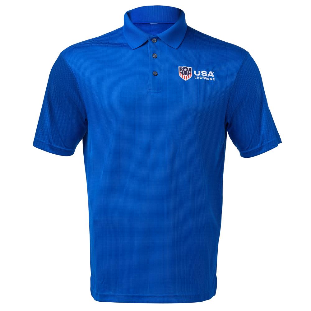 Blue polo shirt with USA Lacrosse logo on the chest.