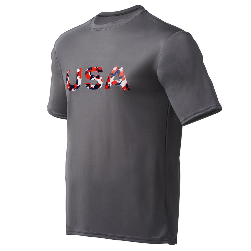 Gray t-shirt with "USA" in red, white, and blue letters.
