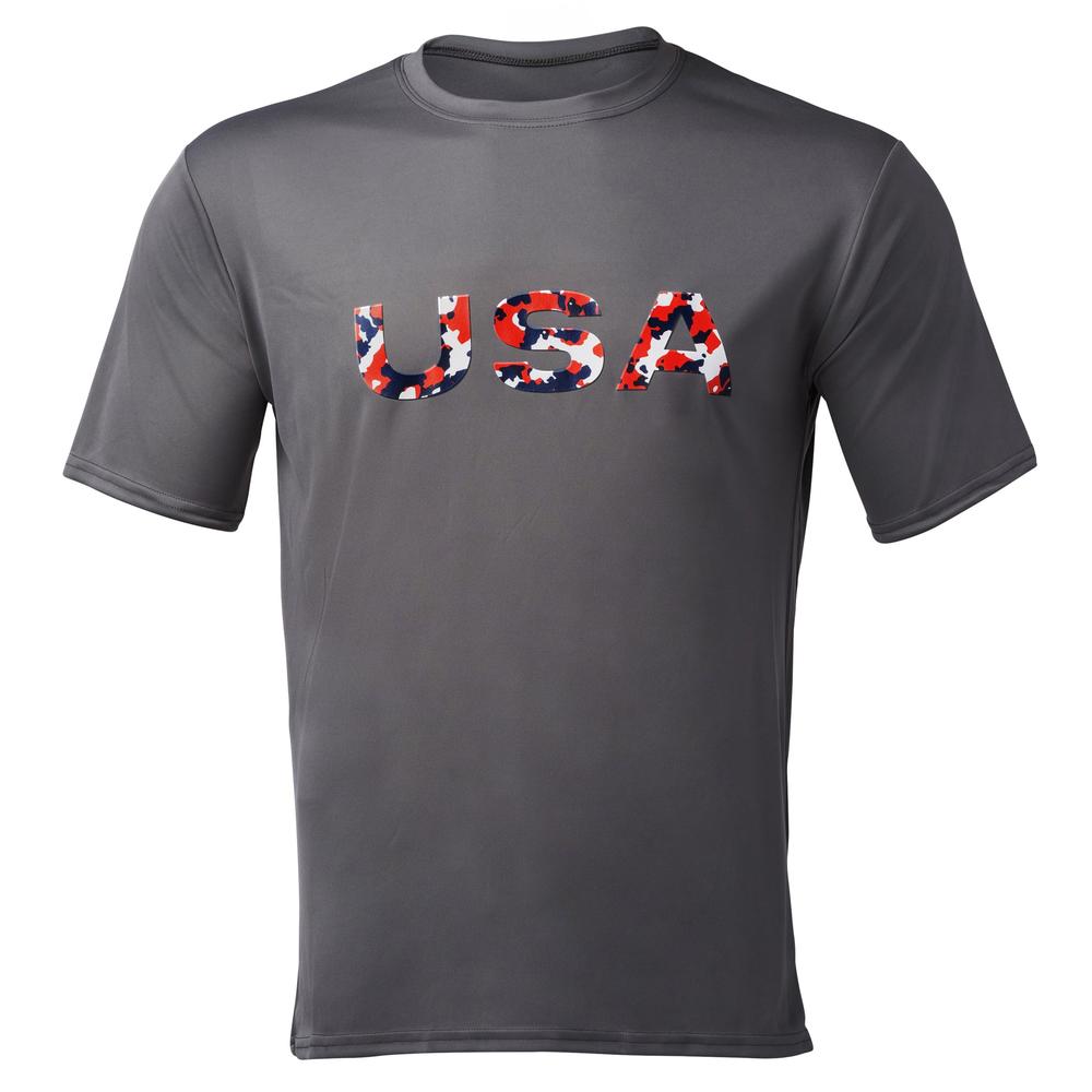 Gray T-shirt with "USA" in American flag pattern on the front.