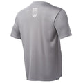 Gray short-sleeve athletic shirt, back view, with small logo near collar.
