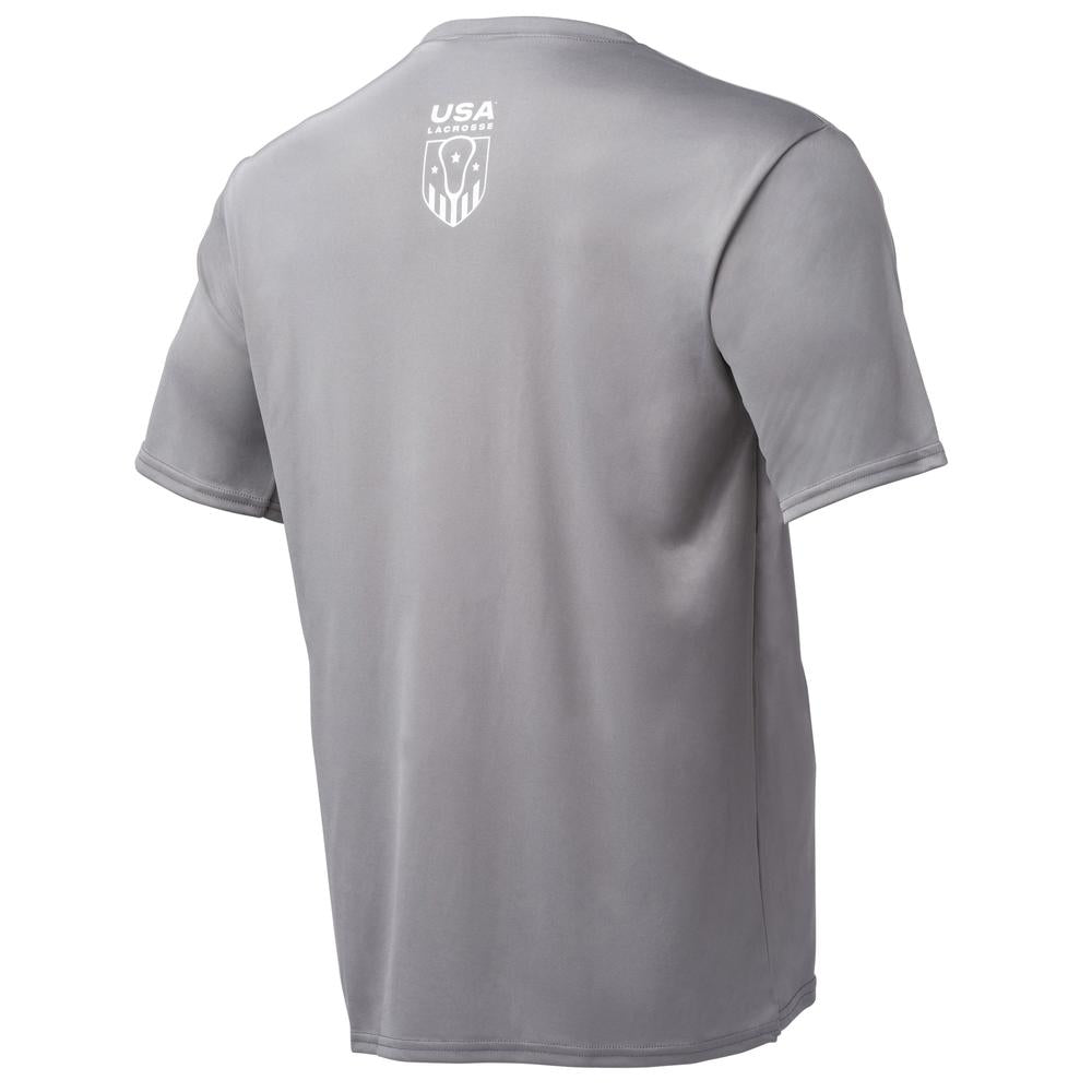 Gray short-sleeve athletic shirt, back view, with small logo near collar.