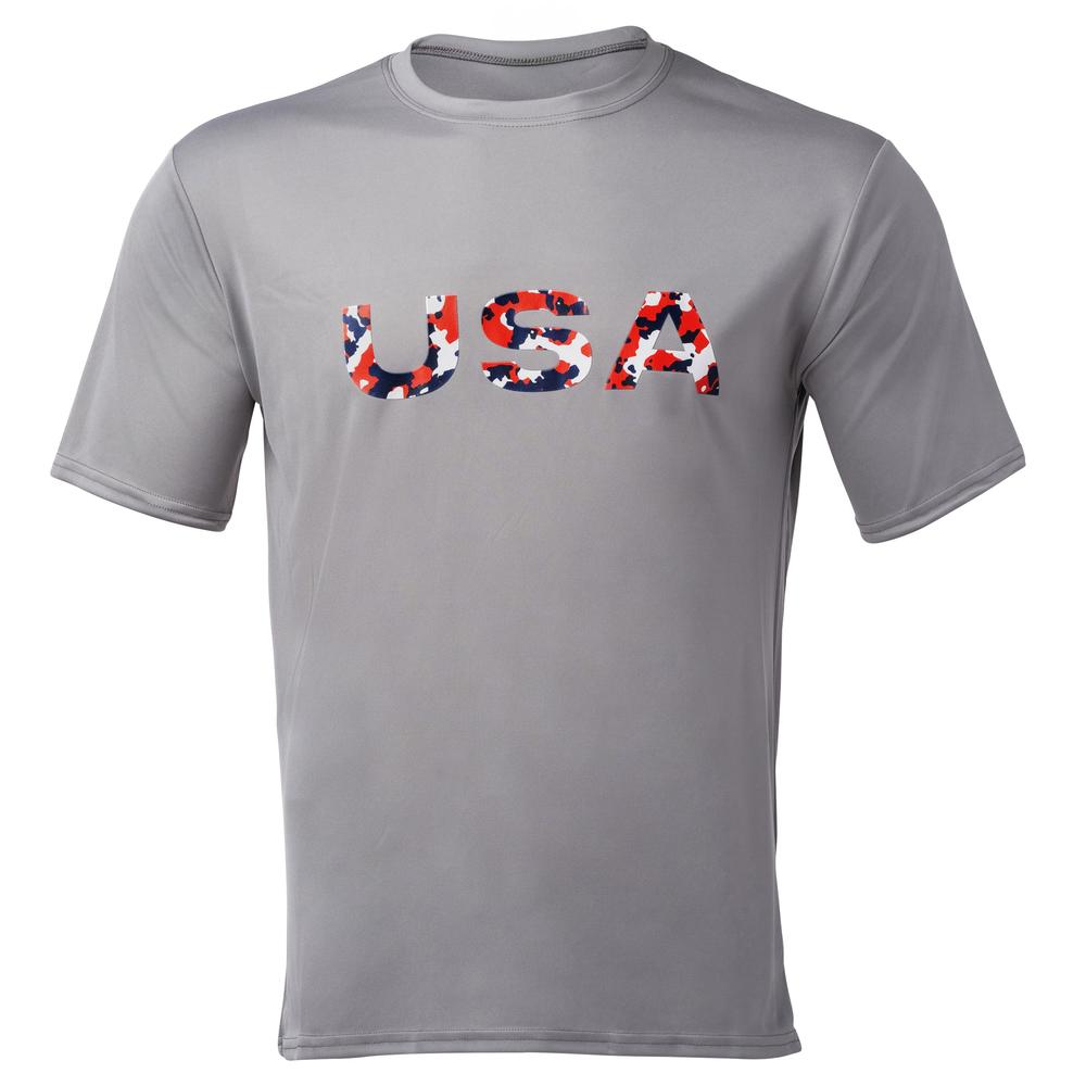 Gray T-shirt with "USA" in red, white, and blue camouflage pattern.