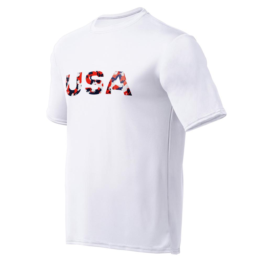 White T-shirt with "USA" in red, white, and blue camouflage pattern.