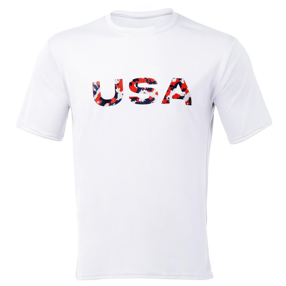 White T-shirt with "USA" in red, white, and blue camouflage pattern.
