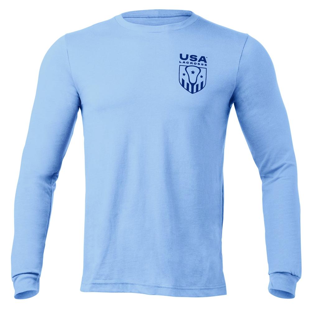 Light blue long-sleeve shirt with a small logo on the chest.