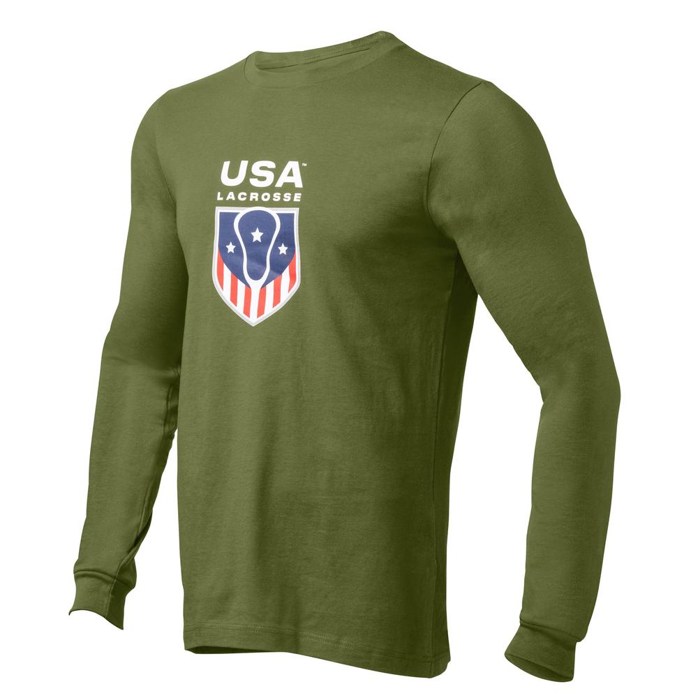 Green long-sleeve shirt with USA Lacrosse logo on front.