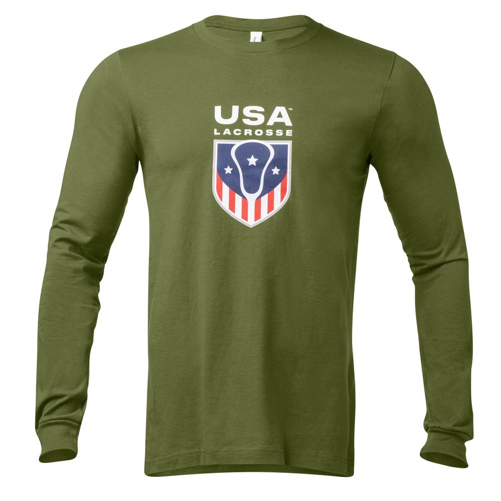 Green long-sleeve shirt with USA Lacrosse logo on front.