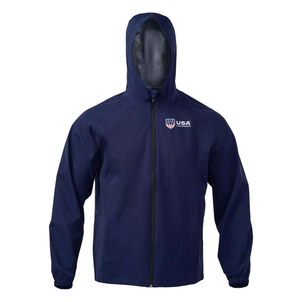 Navy blue hooded jacket with USA Lacrosse logo on the chest.