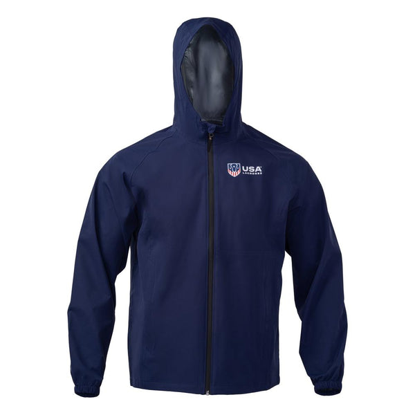 Navy blue hooded jacket with USA Lacrosse logo on the chest.