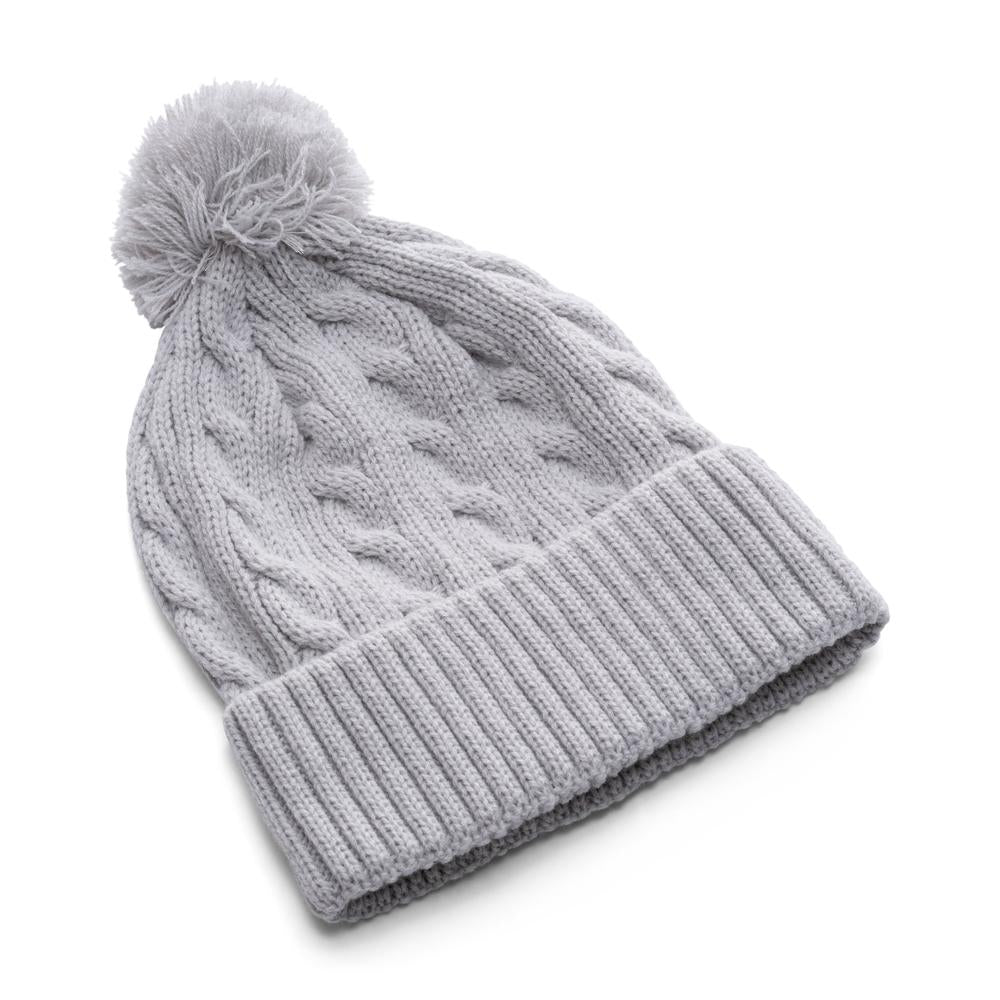 Gray knitted beanie with pom-pom on top.