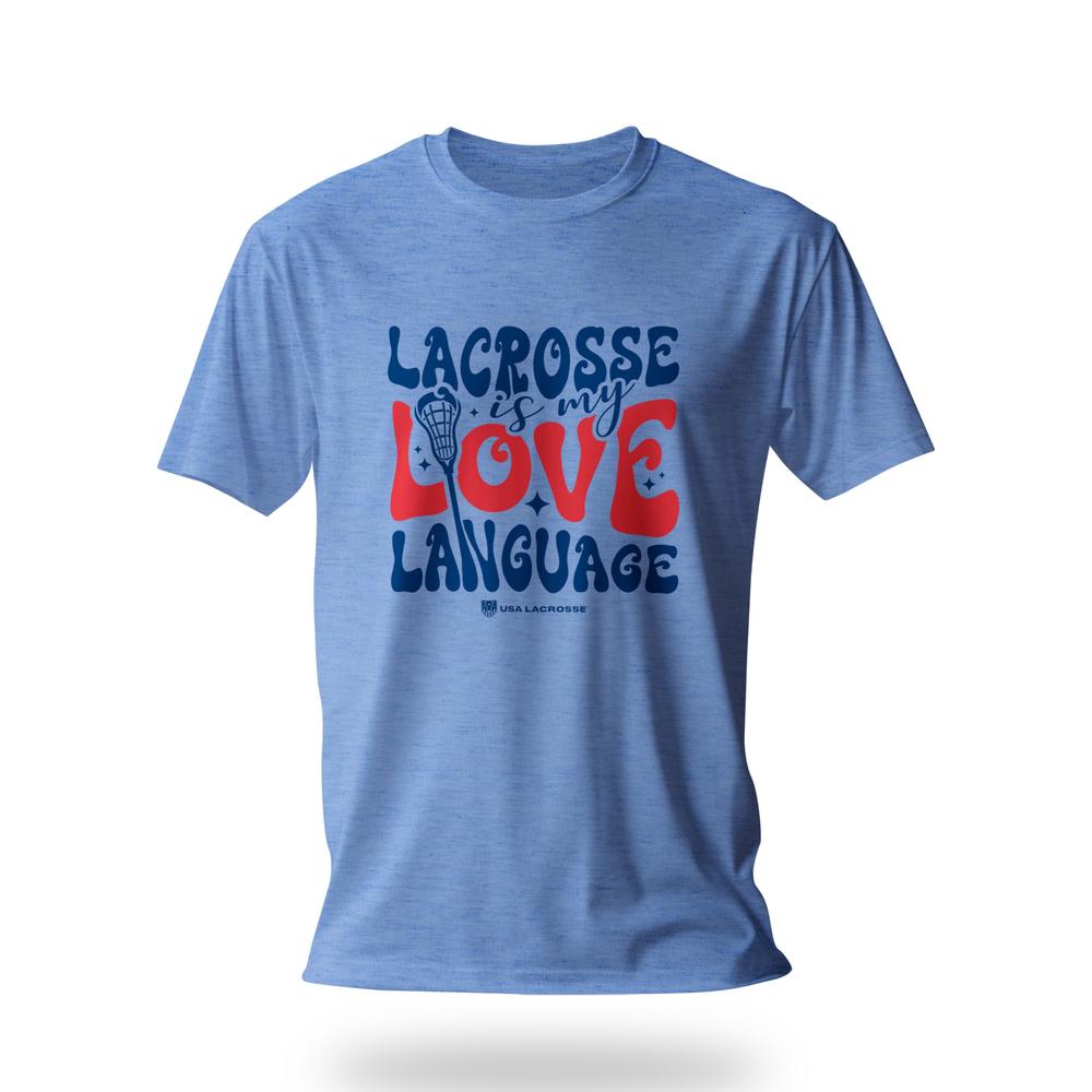Blue t-shirt with "Lacrosse is my love language" printed in red and blue.