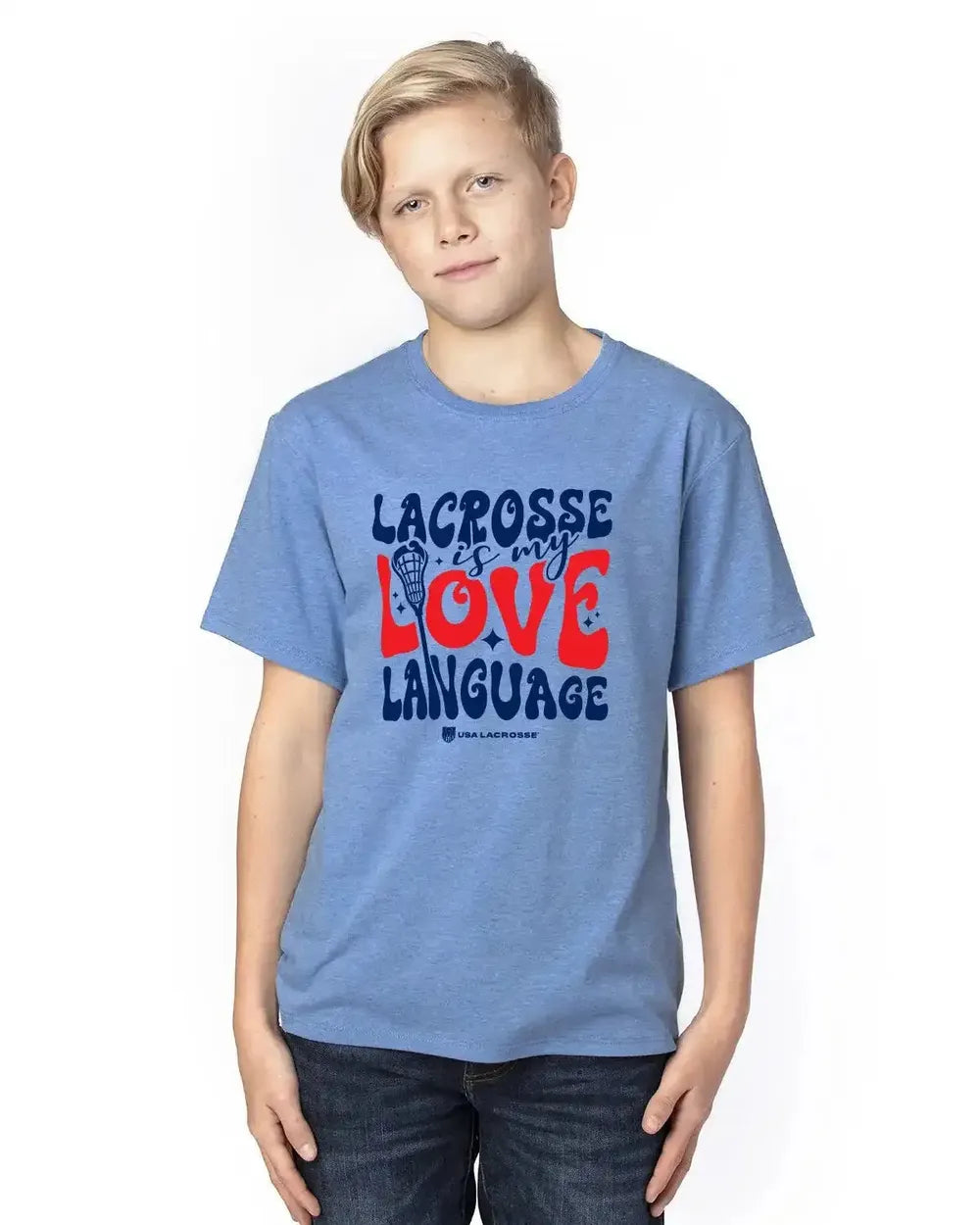 Blue t-shirt with "Lacrosse is my love language" printed in red and blue.
