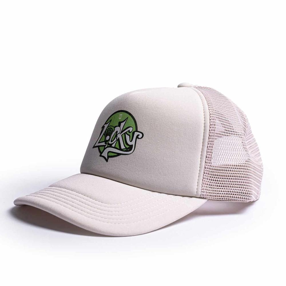 Beige mesh cap with green logo on front.