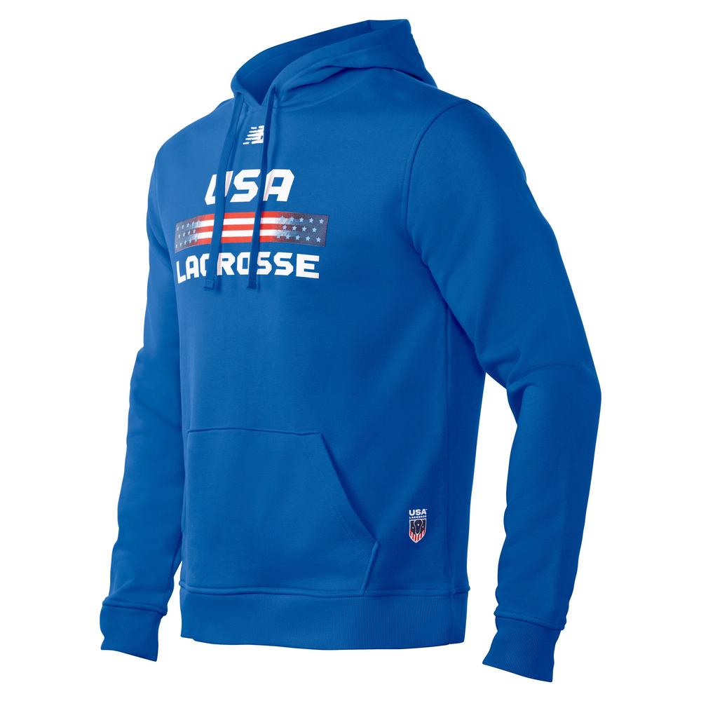 Blue hoodie with USA Lacrosse and American flag design.