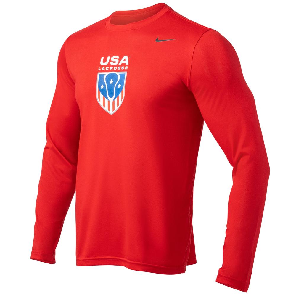 Red long-sleeve shirt with USA Lacrosse logo on the chest.
