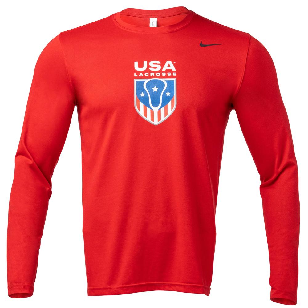 Red long-sleeve shirt with USA Lacrosse logo on the chest.