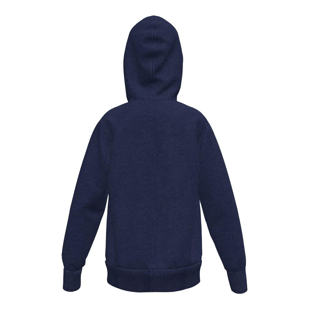 Back view of a navy blue hooded sweatshirt.