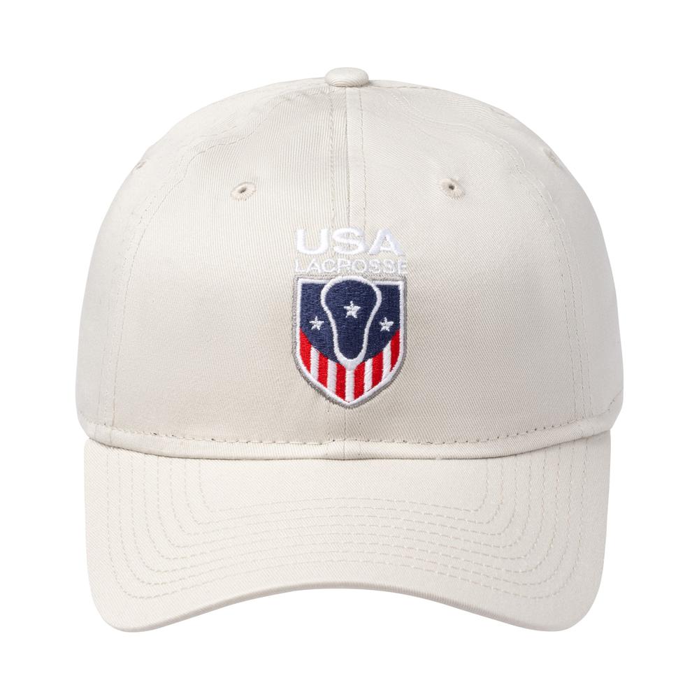 Beige cap with USA Lacrosse logo embroidered on front.
