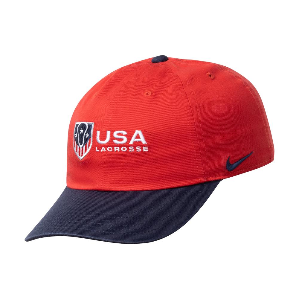 Red and blue USA Lacrosse cap with Nike logo.