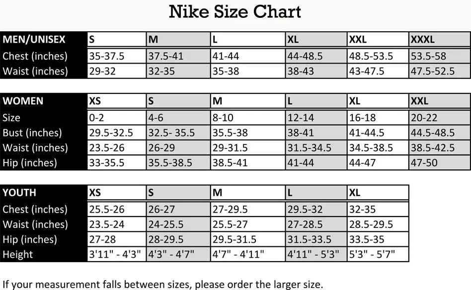 Nike shoe size chart for men, women, and kids in various regions.