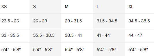 Size chart showing measurements for XS to XL in inches and height in feet.