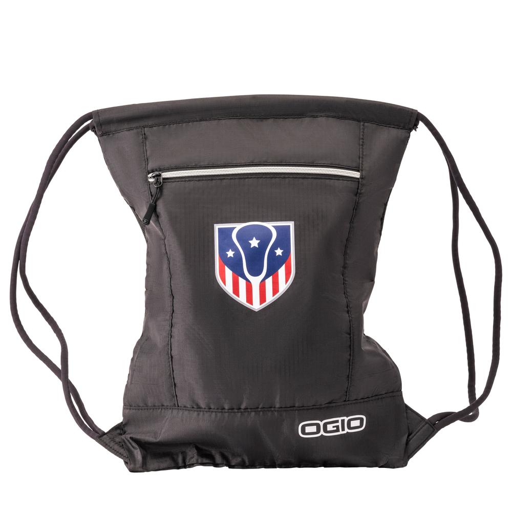 Black drawstring bag with a logo and front zipper pocket.