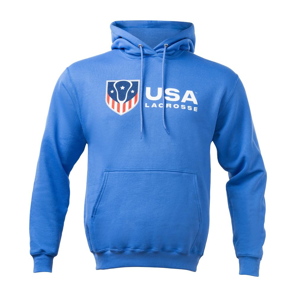 Blue hoodie with USA Lacrosse and logo on the front.