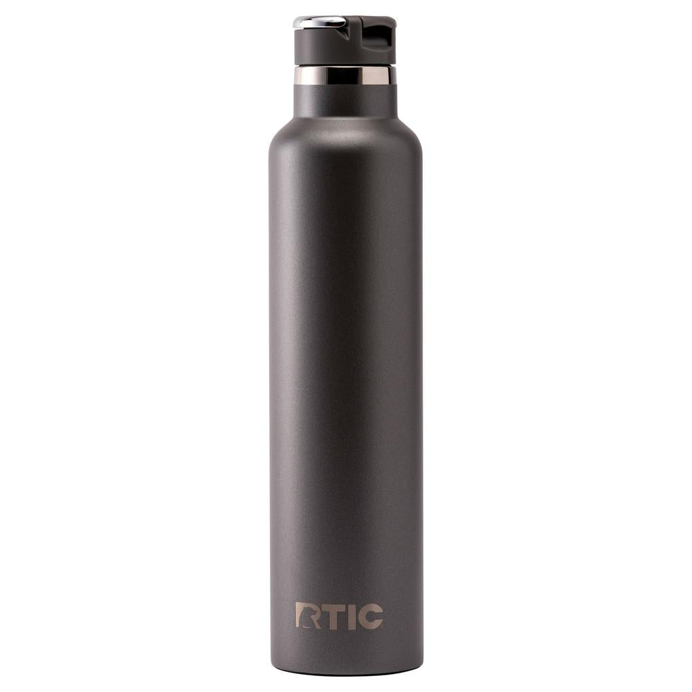 Black stainless steel water bottle with a flip-top lid.