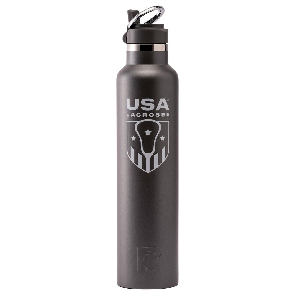 Black water bottle with USA Lacrosse logo.