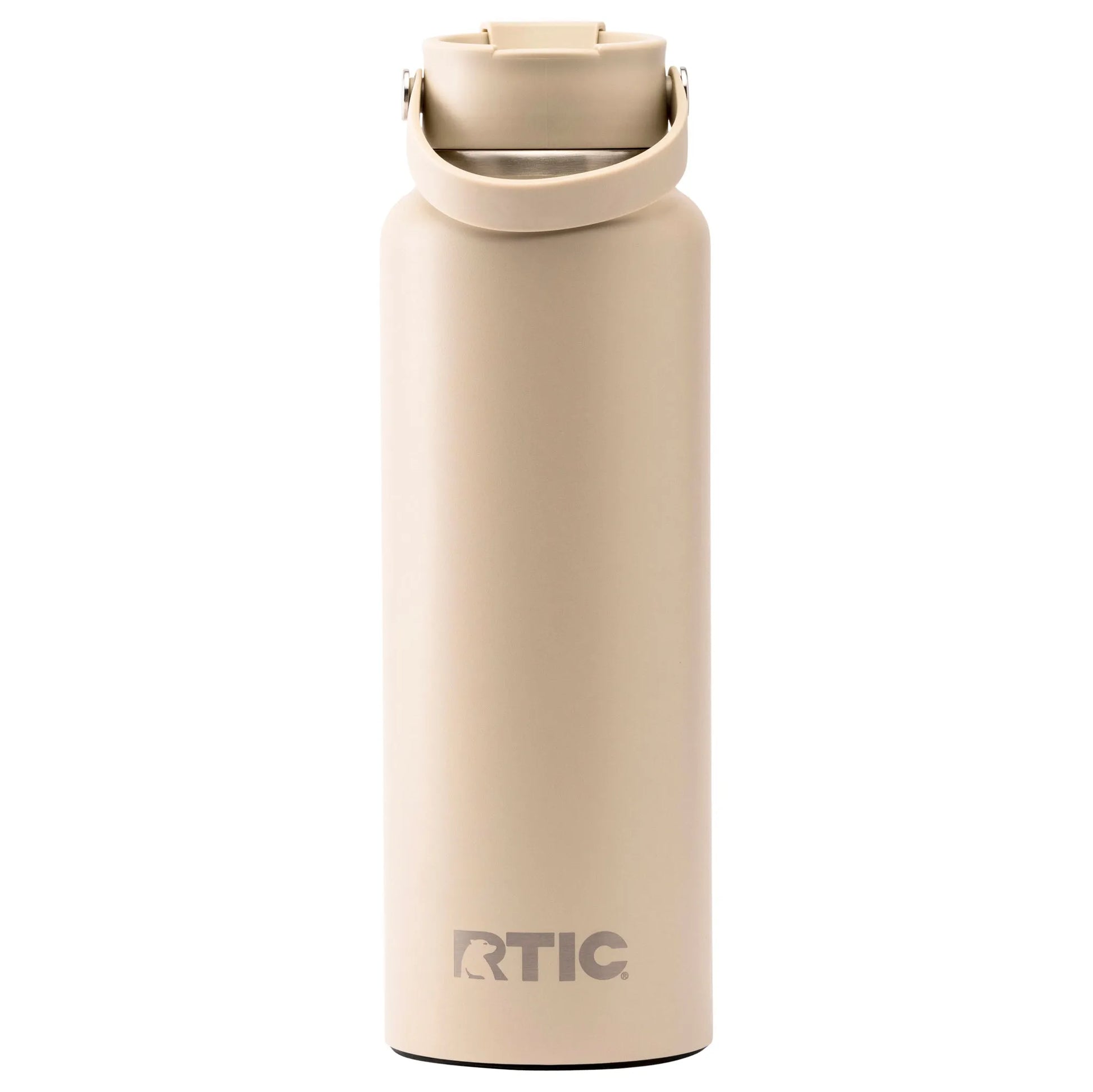 Beige insulated water bottle with a flip-top lid.