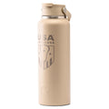 Beige insulated water bottle with USA logo.