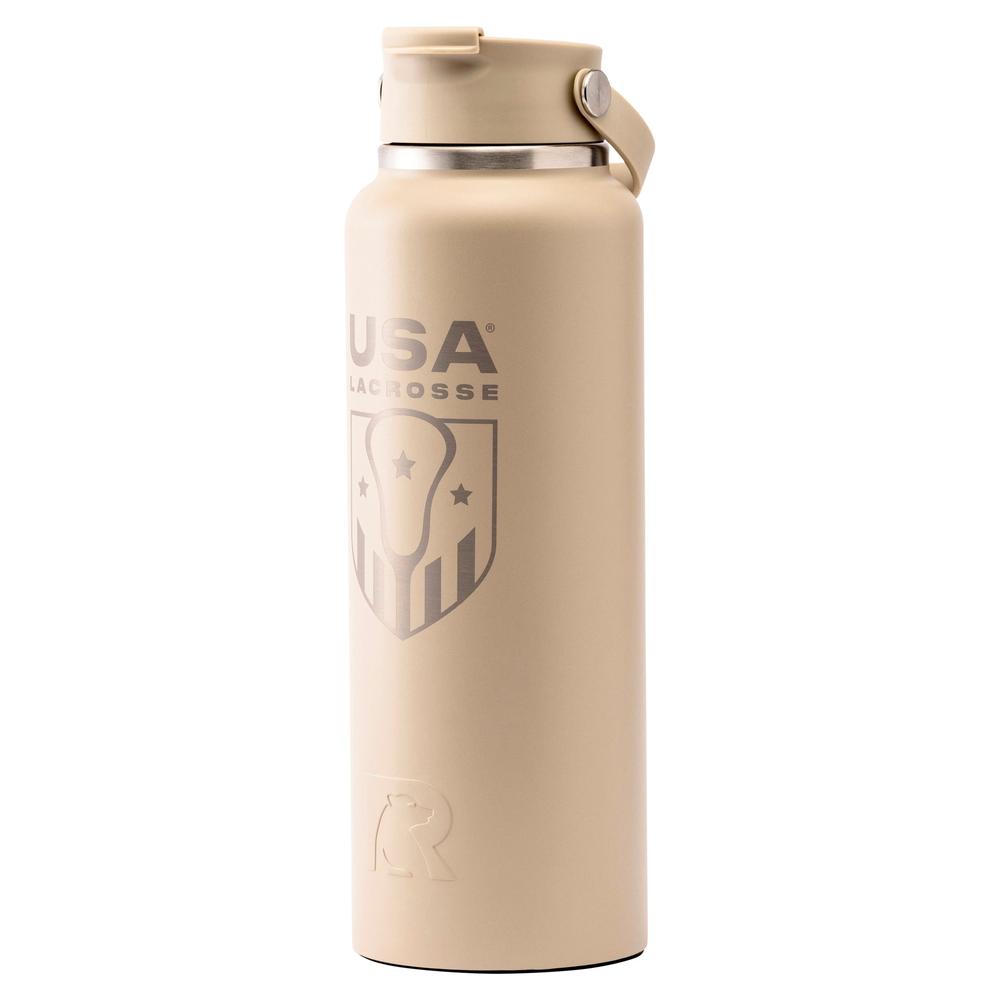 Beige insulated water bottle with USA logo.