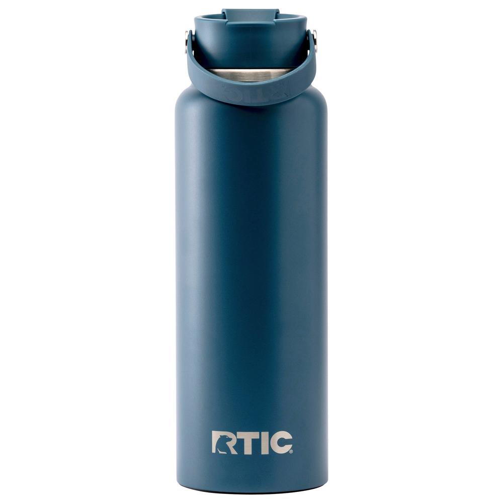 Blue RTIC water bottle with a closed lid.
