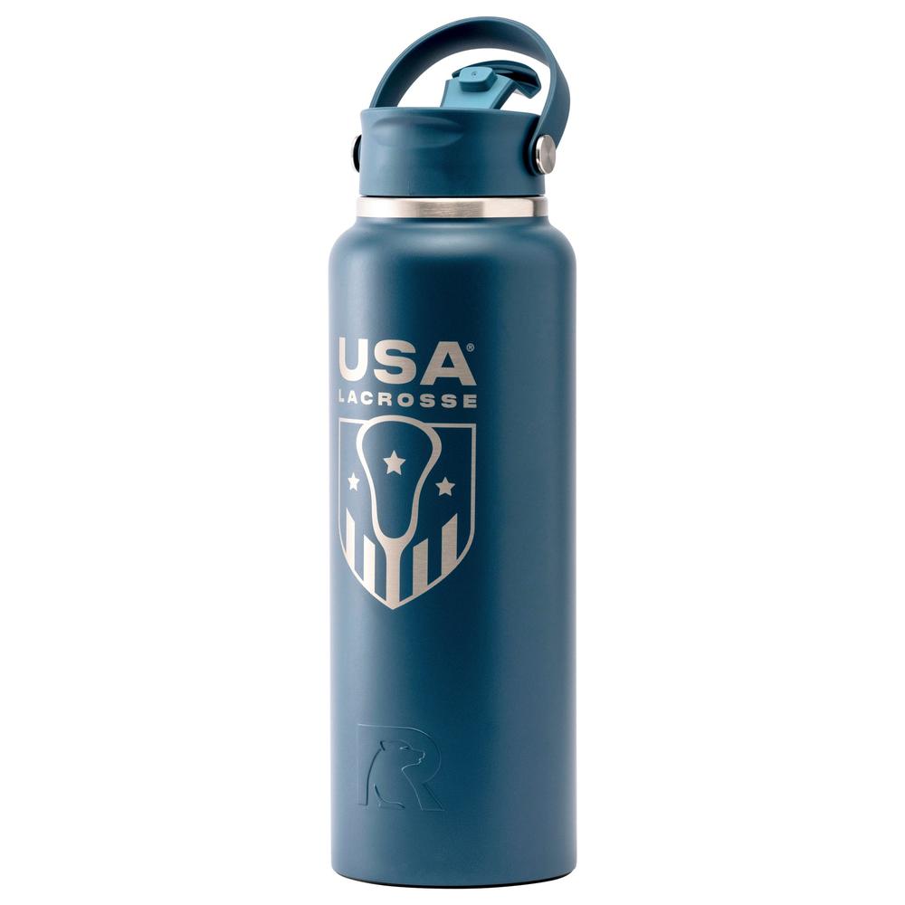 Blue water bottle with USA Lacrosse logo and handle.