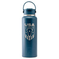 Blue water bottle with USA Lacrosse logo and handle.